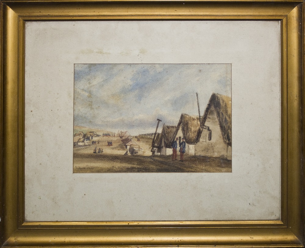 A gilt framed watercolour depicting a village scene with soldiers. Image size 25.5 x 37cm