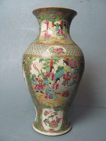 A mid 19th century Chinese Cantonese vase with all over scroll foliate decoration and cartouche