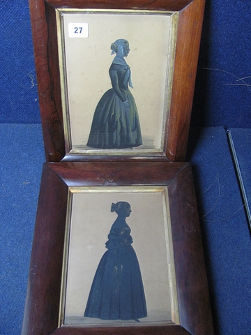 A pair of early Victorian maple framed full length silhouettes of young ladies, 7" x 10".