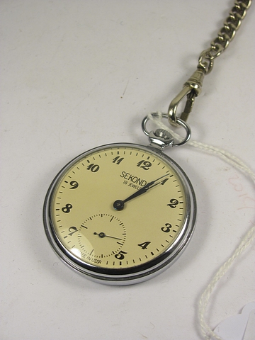 A Sekonda plated cased pocket watch on watch chain.