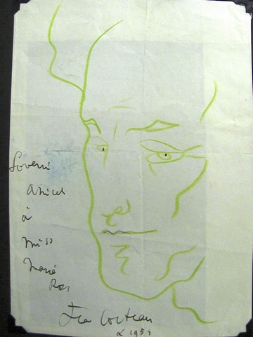 Jean Cocteau 1889-1963, a wax crayon profile drawing on paper of a male, dedicated to Marie Roy