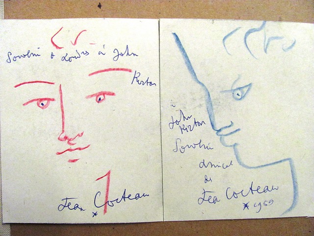 Jean Cocteau 1889-1963, two wax crayon profile drawings on paper, one in blue, the other in red,