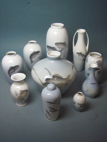 A group of Royal Copenhagen porcelain vases, each decorated with various fish designs (10).