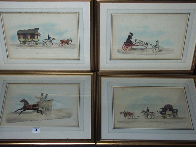 A set of four 19th century gilt framed and glazed watercolours depicting carriages, one entitled