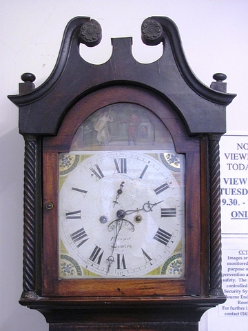 A George III mahogany long case clock, dial reading Friend, town name rubbed, broken swan neck