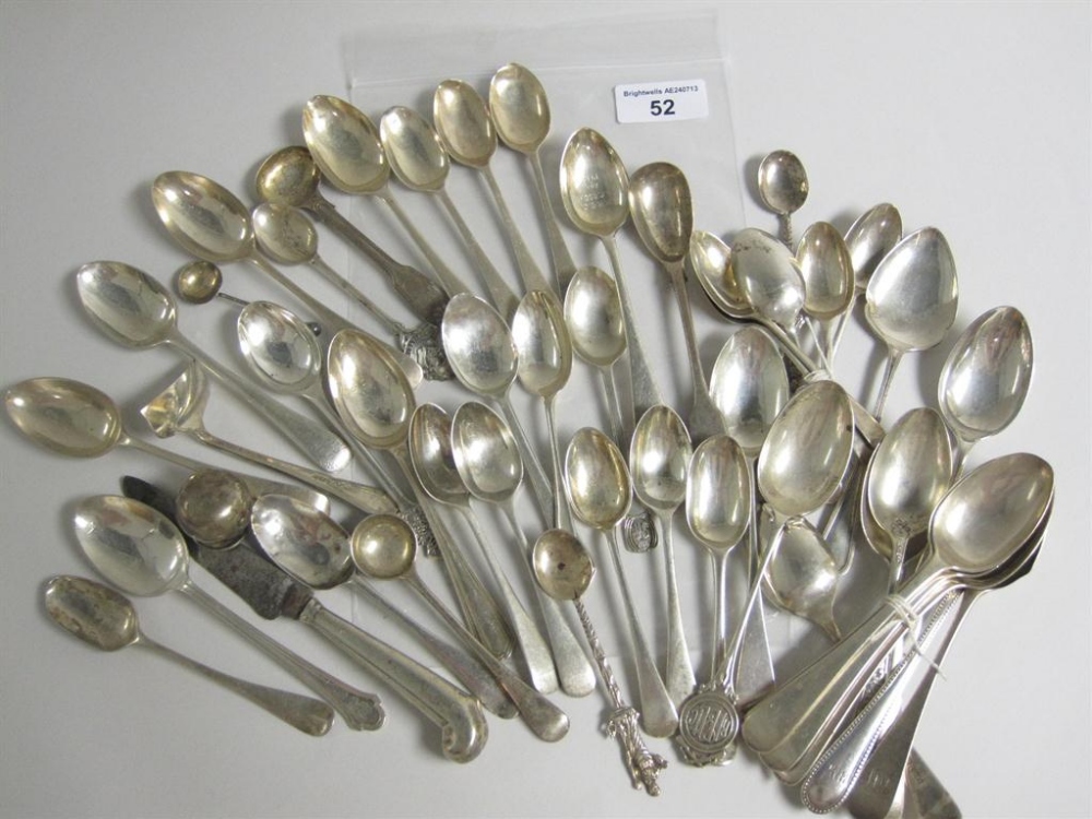 Forty two various Tea and Coffee Spoons, four Condiment Spoons, Pusher, Knife and Lid