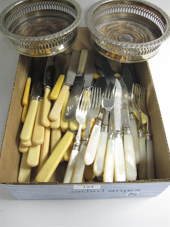 A set of plated Fish Eaters with mother of pearl handles, Servers, Dinner Knives and two plated