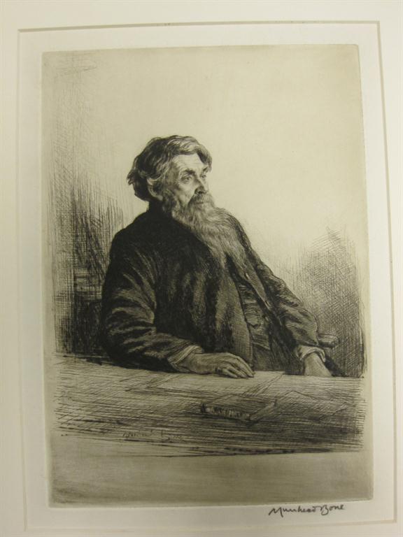 SIR DAVID MUIRHEAD BONE. Portrait of the Rev. Dr James, seated at a Desk, original drypoint etching,