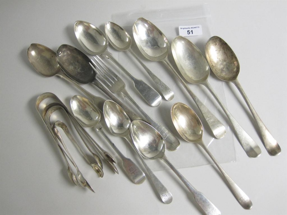 Four 18th Century Table Spoons, seven various Dessert Spoons, fiddle pattern Fork and four pairs