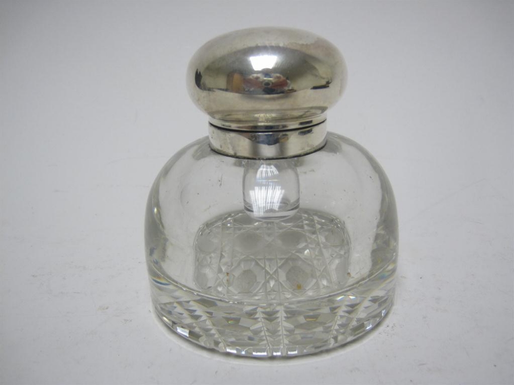 An Edward VII silver lidded cut glass circular Inkwell, Birmingham 1908