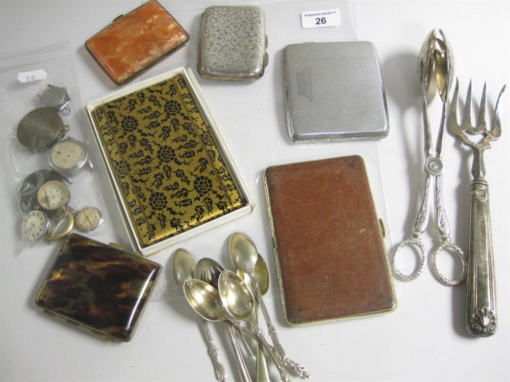 A silver Cigarette Case, five others in various materials, plated Cutlery, etc