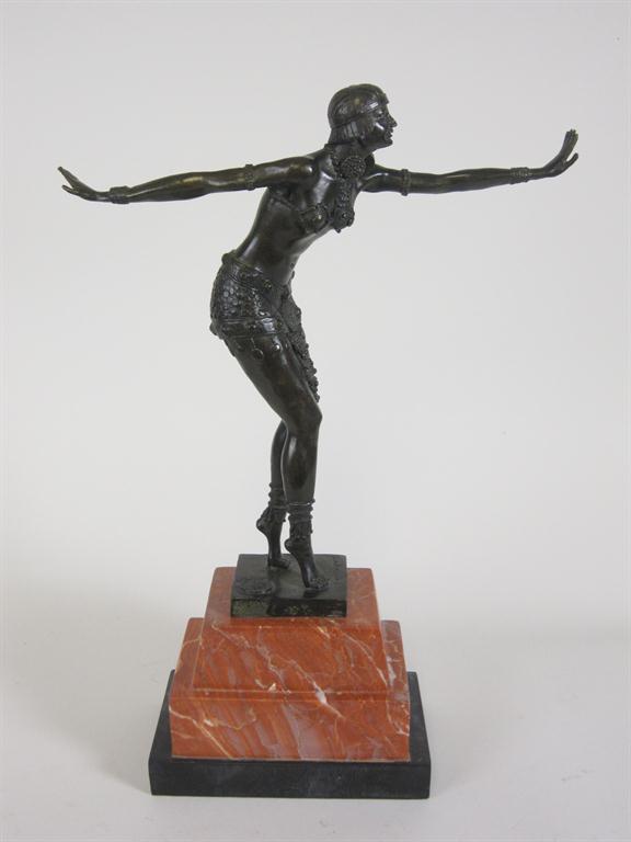 After D. H. Chiparus, a bronze Figure of a 1920`s dancing woman, `Phoenician Dancer`, on a stepped