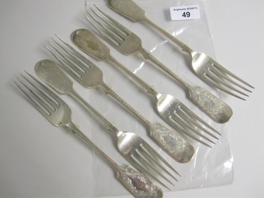 Six Victorian Dinner Forks fiddle pattern with floral and leafage scroll engraving, Exeter 1879,