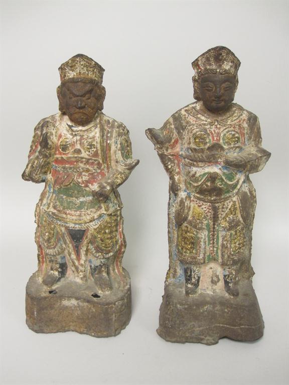 Pair of Chinese iron polychrome Figures, 15in, mark to reverse, possibly Ming