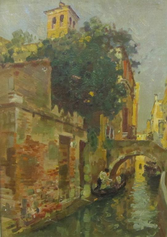 *E. TORRI (?) A Venetian Backwater, indistinctly signed, oil on canvas, 16 1/2 x 12 in The artist is
