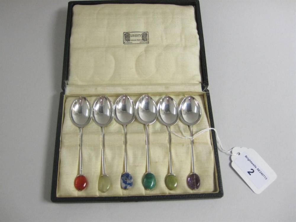 Six George V Liberty & Co silver Coffee Spoons with semi-precious hardstone finials, Birmingham