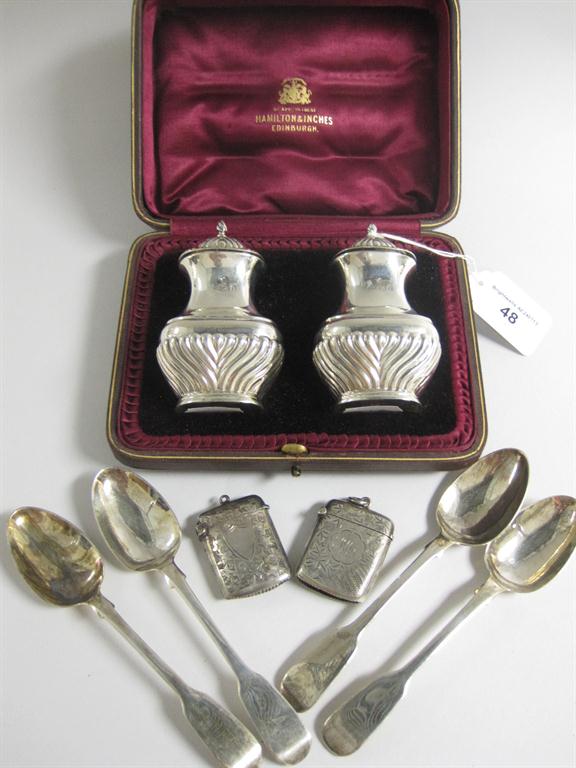 A George V Salt and Pepper of semi-gadrooned form 3 3/4in high (with case), Birmingham 1910, four