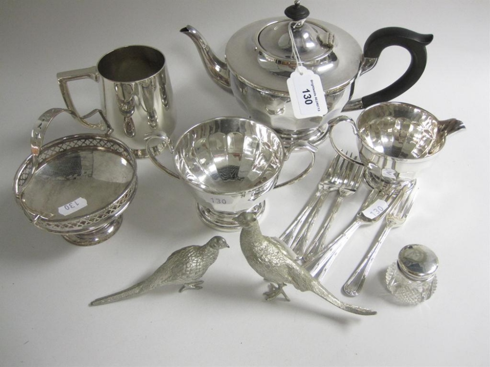 An EP three piece circular Tea Service, a Mug, Sweet Dish, Cake Forks, pair of Pheasants and small