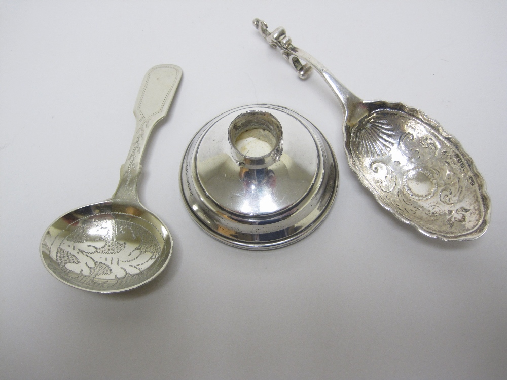 A Victorian Continental silver Caddy Spoon with scroll engraved oval bowl, import mark London