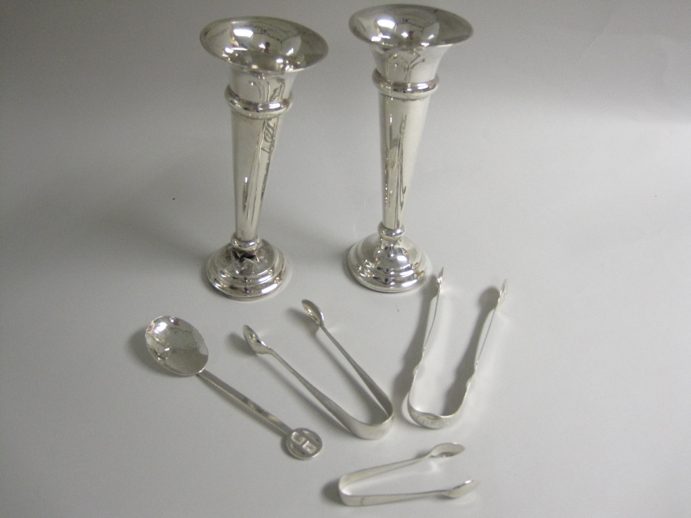 Pair of George III bright-cut Sugar Tongs, maker: G.S, two later smaller pairs, a hand made Spoon