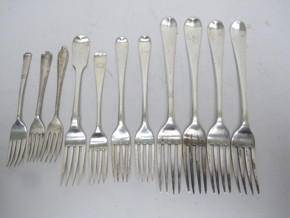 Four George III Dinner Forks, old english pattern engraved initials, London 1800 & 1802, maker: Eley