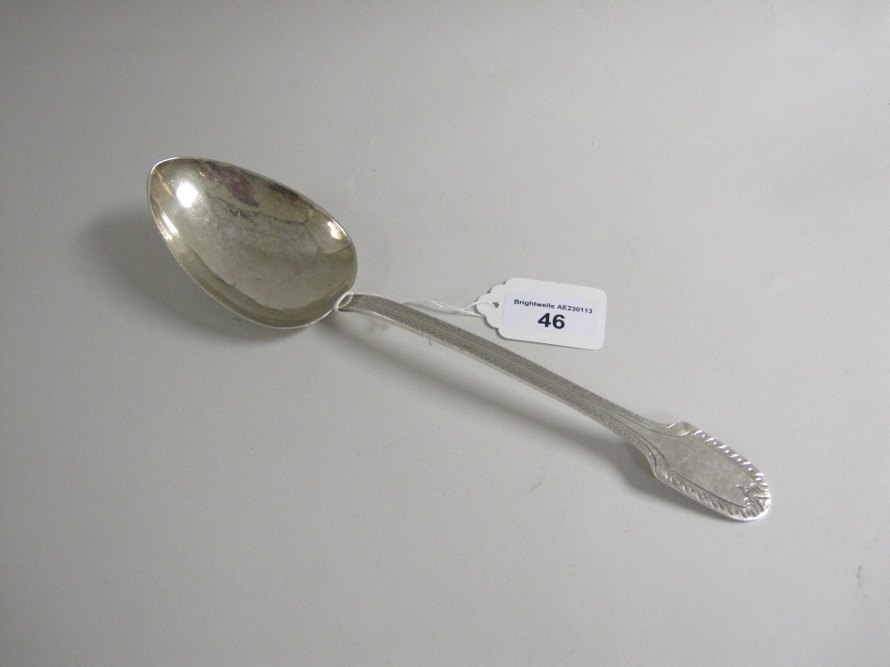 A 19th Century Continental Table Spoon, fiddle pattern with feather edge, vacant cartouche, marked