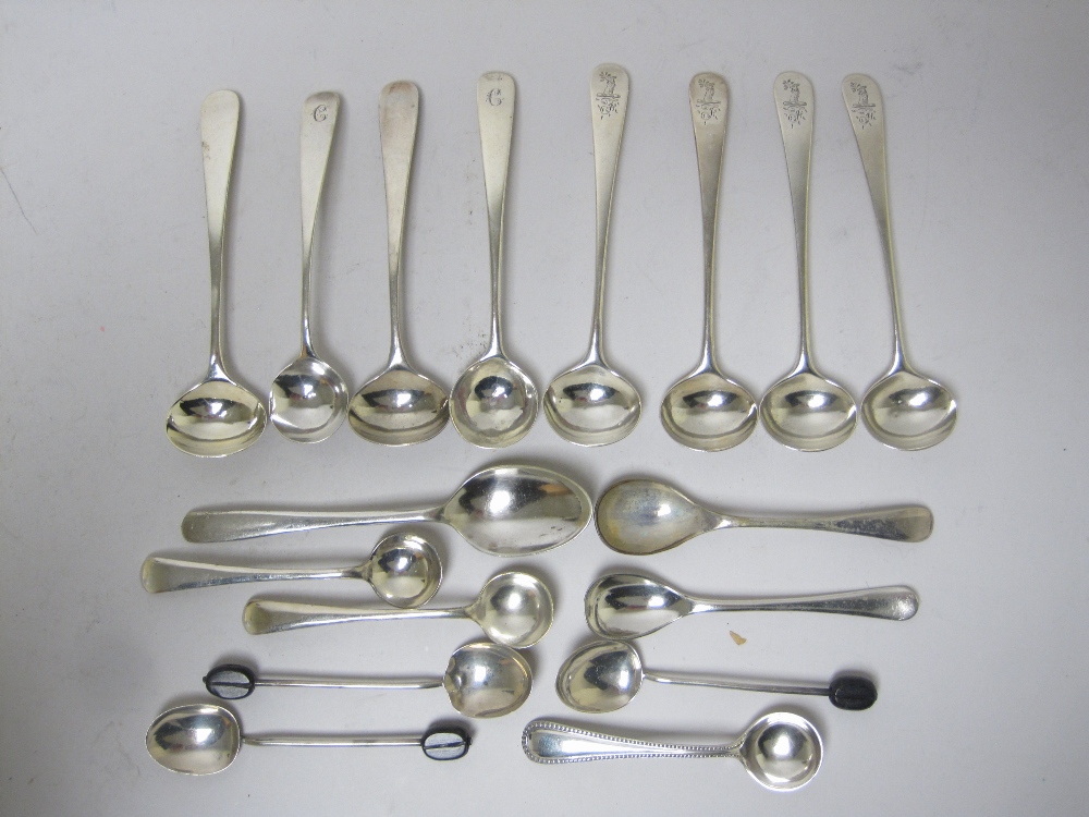 Four George III Salt Spoons, old english pattern engraved crests, London 1802, four other Georgian