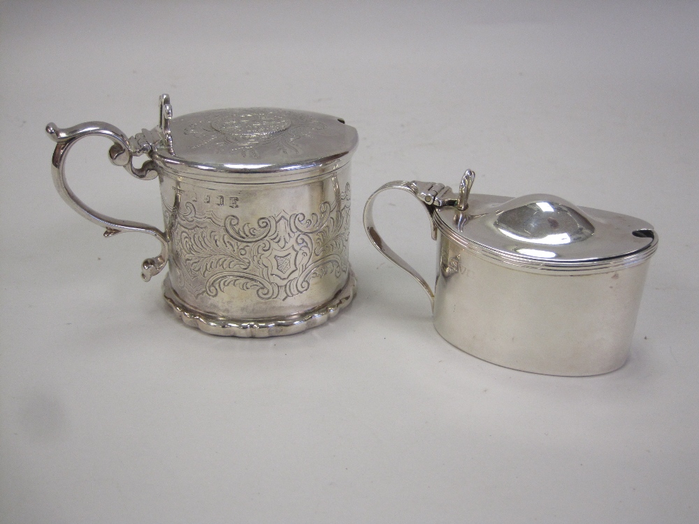 A Victorian Scottish drum Mustard Pot with scroll engraved frieze and coin inset lid, Edinburgh