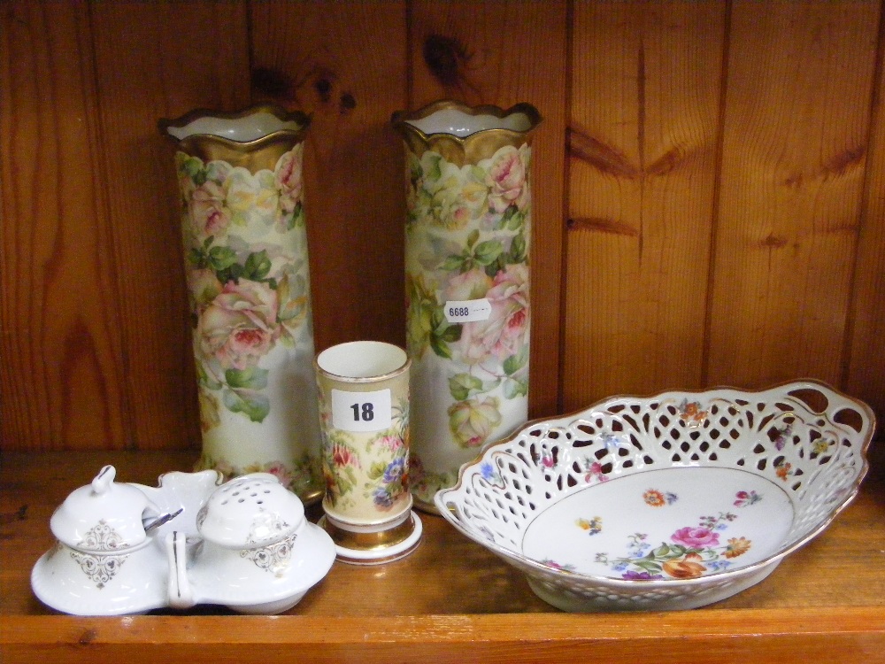 A collection of various china items, to include a Dresden pierce work dish, a pair of Continental