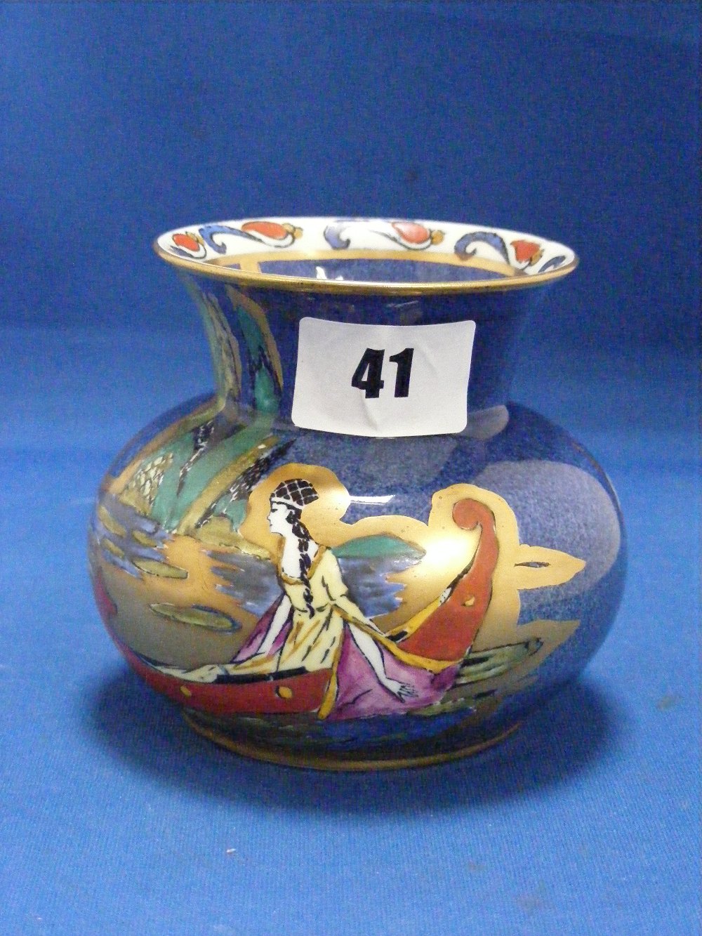 A Royal Cauldon vase entitled 'Blue Lagoon' and depicting a pre-Raphaelite maiden seated in a boat