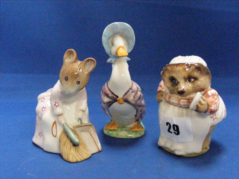 Three Beswick figures of Beatrix Potter characters, to include 'Mrs Tiggy-Winkle 1948', Jemima