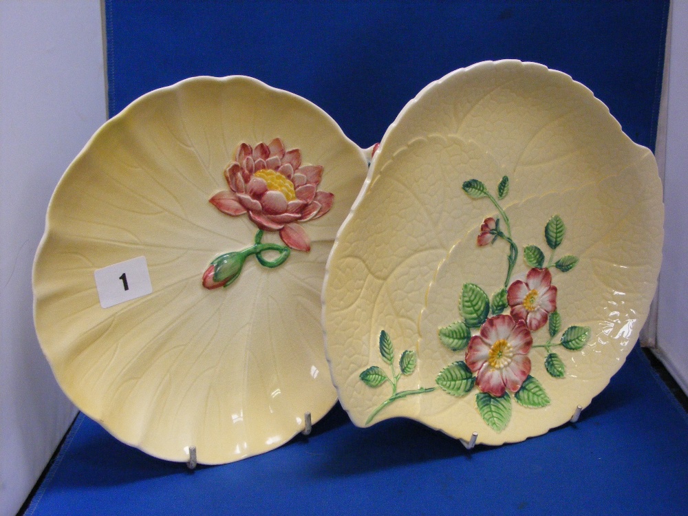 Two Carltonware dishes of naturalistic form with floral decoration on a yellow ground.