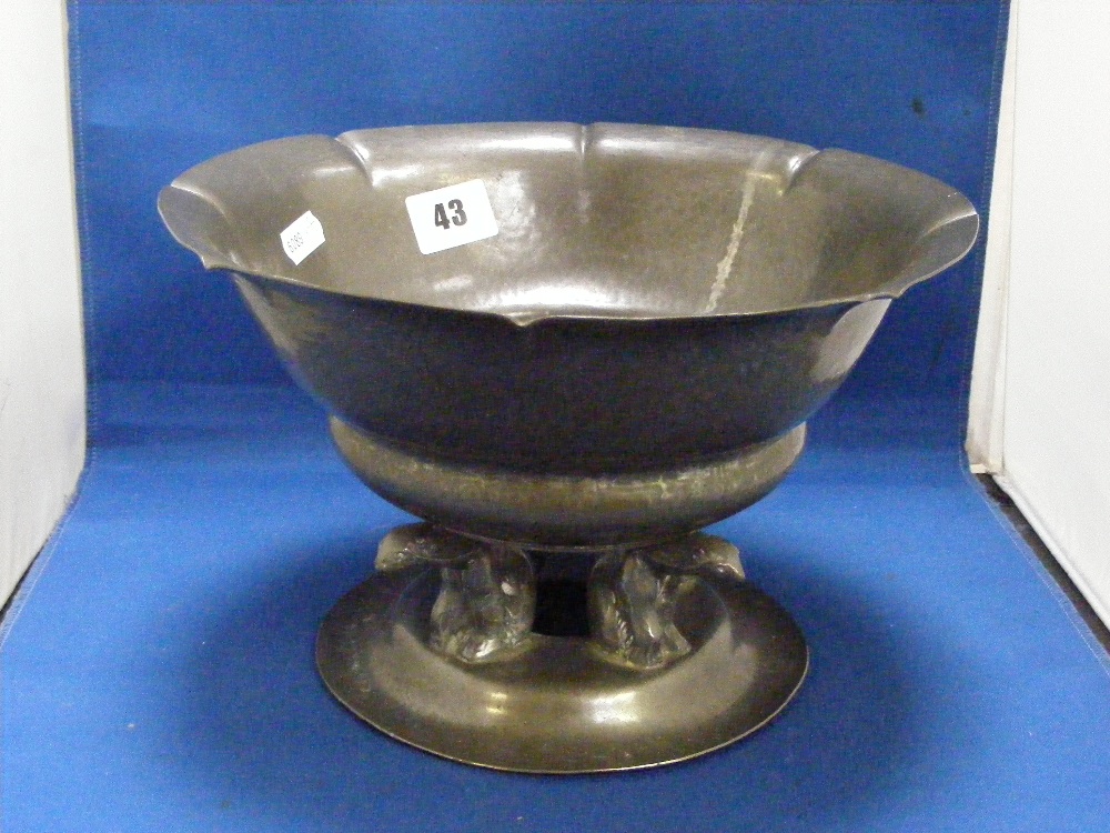 An impressive Danish patinated pewter Art Deco tazza, c1920, modelled as a large flared bowl on a