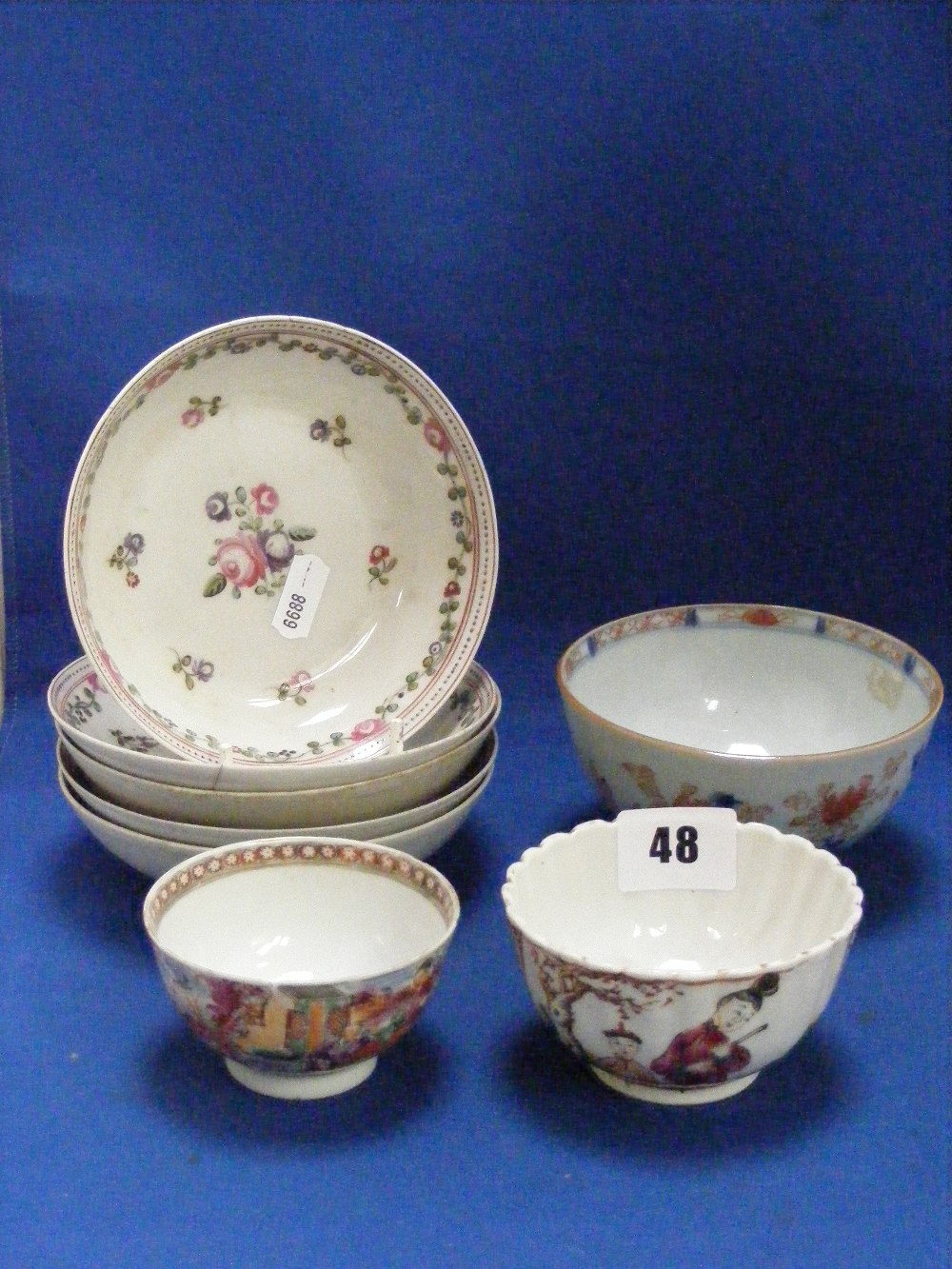 An Imari bowl, two hand painted Oriental bowls and five antique dishes with hand painted floral