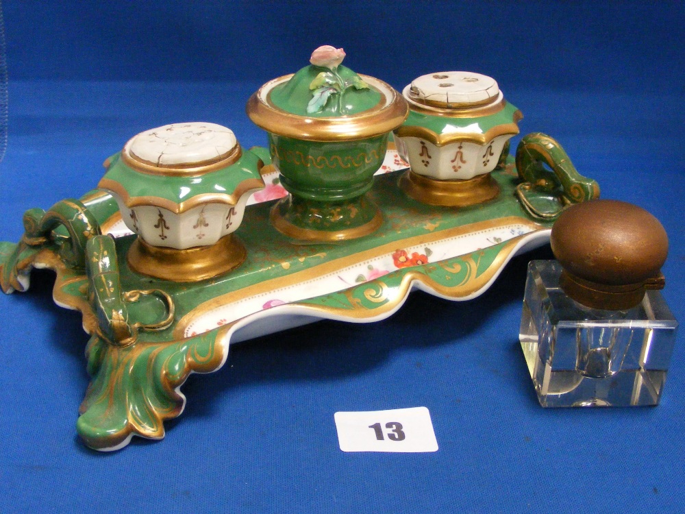 A Continental porcelain inkstand, together with a square cut glass inkwell.