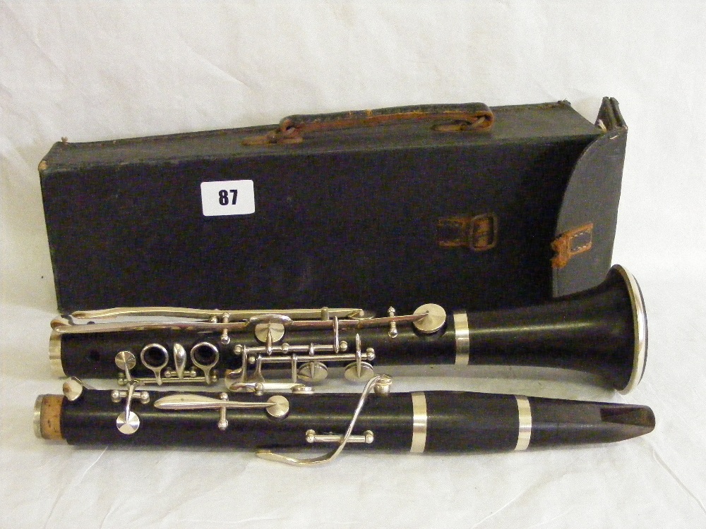 A cased French clarinet.