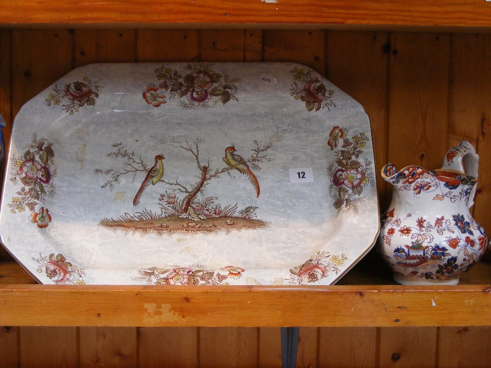 A Masons ironstone platter having transfer printed decoration of birds in the branches of a tree,