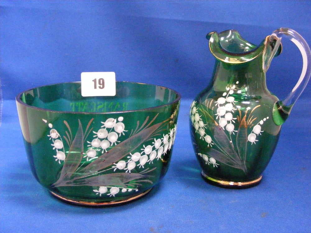 Two Mary Gregory style green glass items, comprising jug and bowl, both in attractive green glass