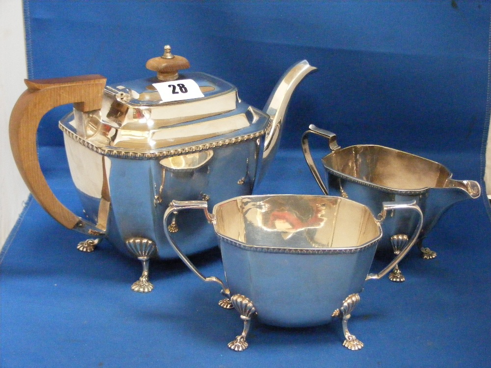A 3-piece silver-plated tea service of octagonal form, comprising teapot, sugar bowl and milk jug.