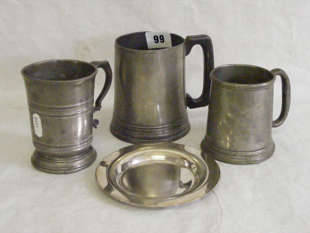 Three pewter tankards, one Victorian, marked S Farmiloe & Sons London and one French one, together