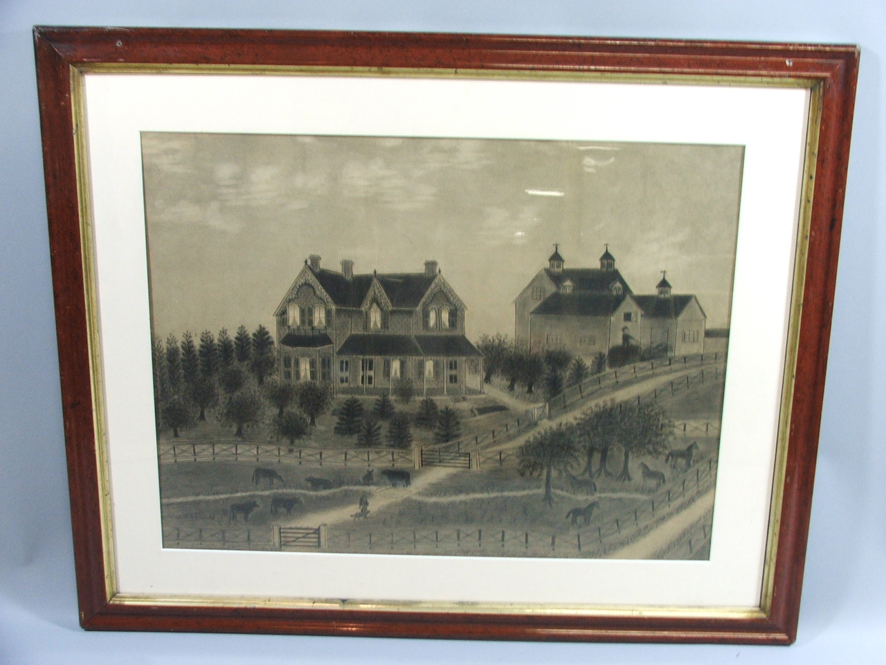 A Large Framed Naive Pencil Sketch Depicting American Colonial Style Houses with Figures, Cattle and