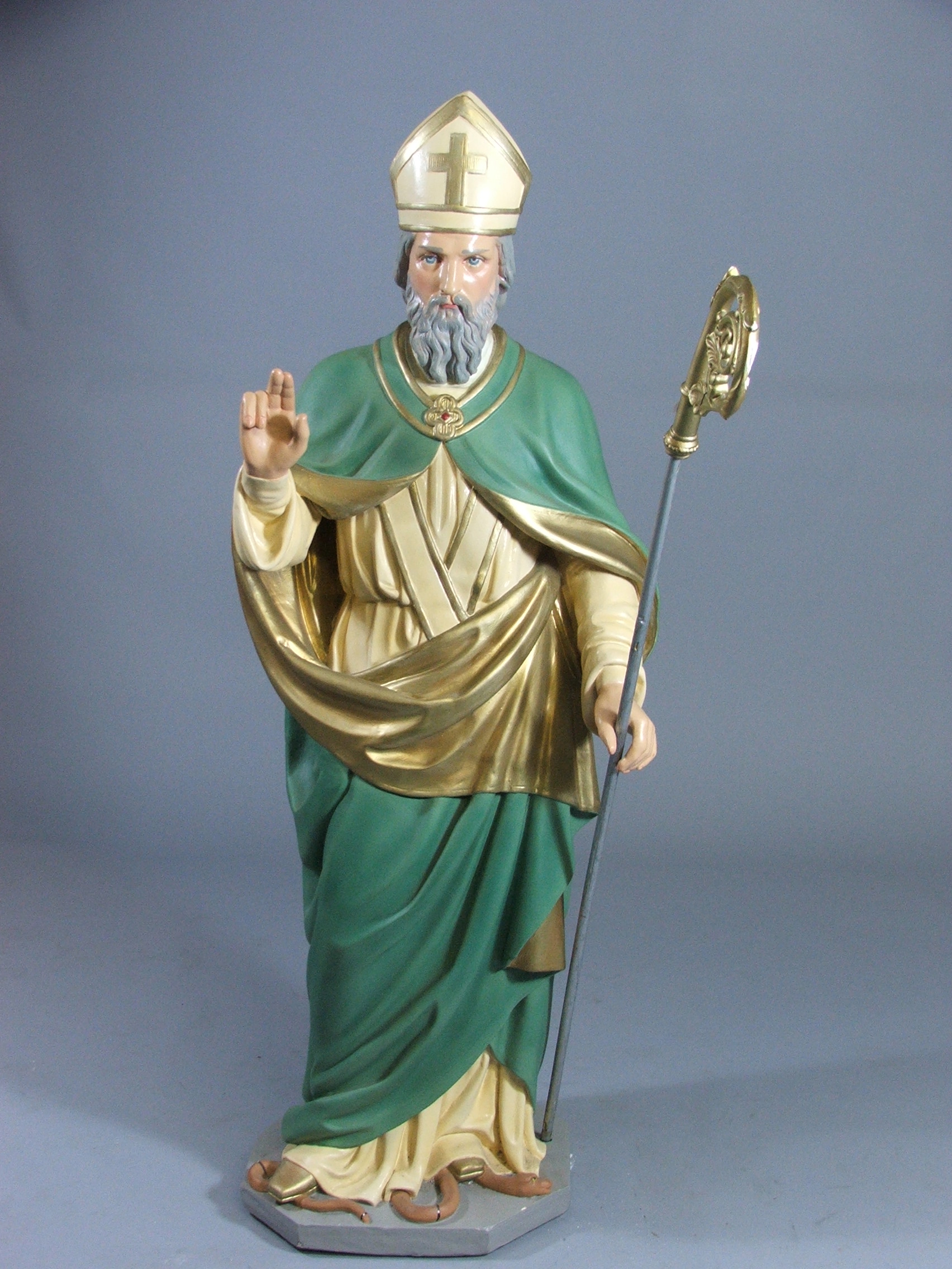 A Large Plaster Figure of St Patrick with Staff Standing on Snake Decorated in Coloured Enamels, 150