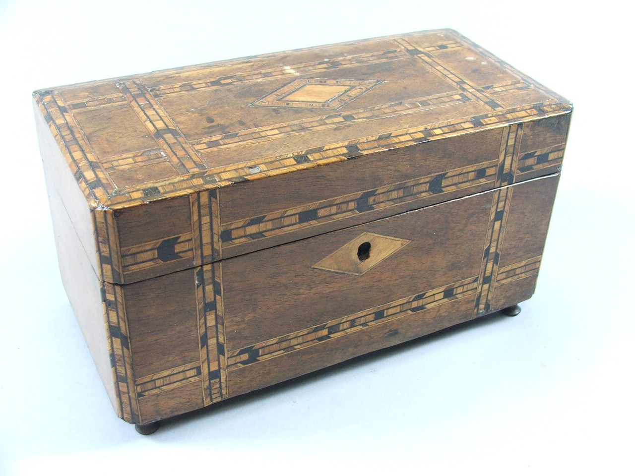 A Small Rectangular Continental Two Division Tea Caddy with Inlaid Banded Decoration, 20 cm x 10