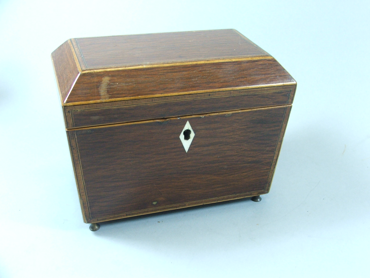 A Small Sarcophagus Shaped Two Division Tea Caddy with Boxwood Stringing, 18.5 cm x 11.5 cm x 14