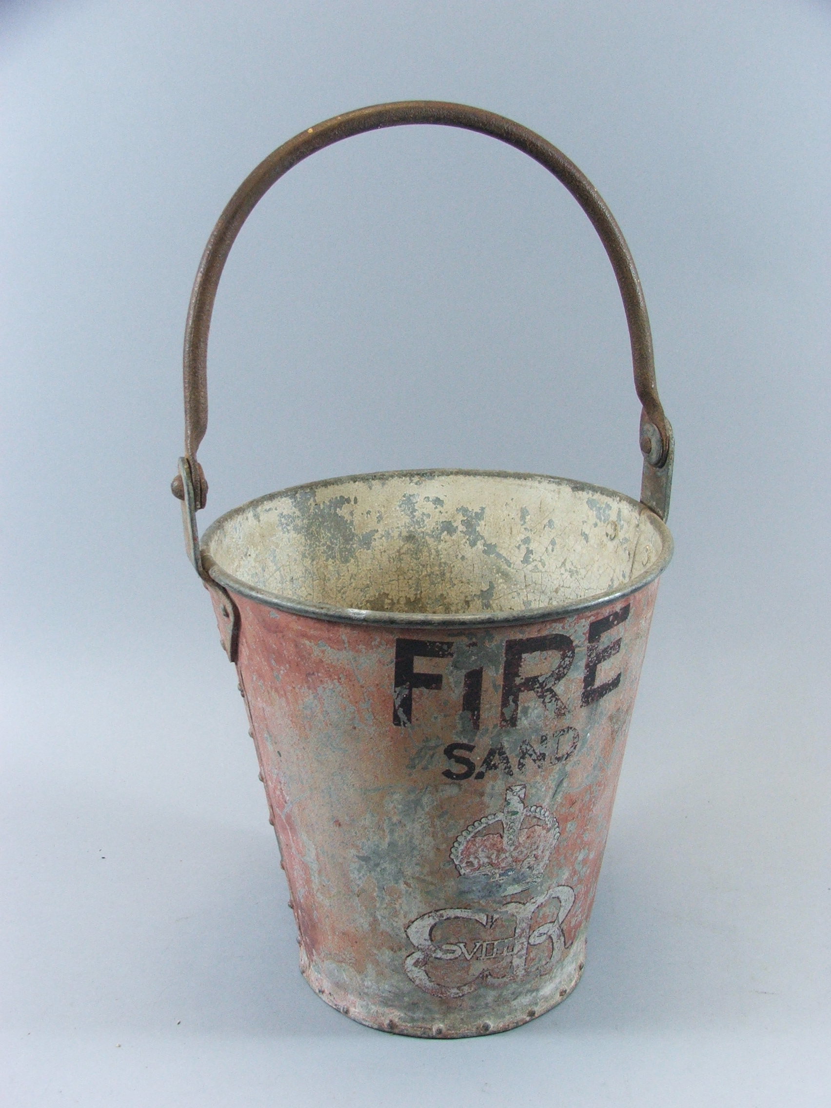 An Edwardian Galvanised Fire Bucket Painted Red and Inscribed Fire Sand with Cipher for Edward VIII,