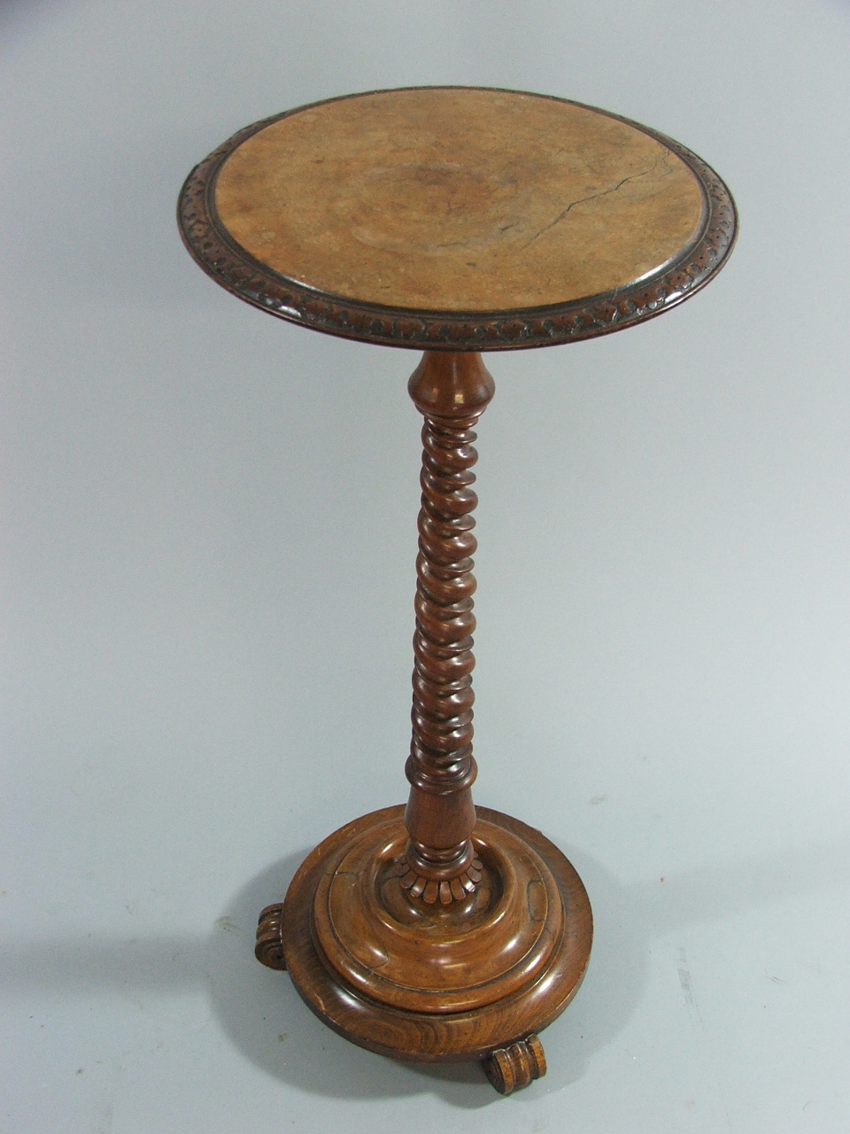 A Mid 19th Century Barley Twist Walnut Torchere Stand with Burr Top and Blind Carved Border.