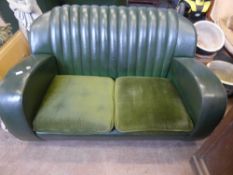 Vintage circa 1950`s Green Leather Furniture including a two seater ribbed back sofa and two arm