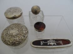 Miscellaneous Silver including two silver topped cut glass jars, perfume bottle, Birmingham hallmark