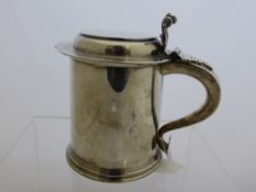 Charles II Style Silver Lidded Tankard, the flat topped lidded tankard having a scroll handle with