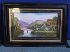 R Bush Two Original Acrylic and gauche paintings depicting Tudor cottages beside a river, both in